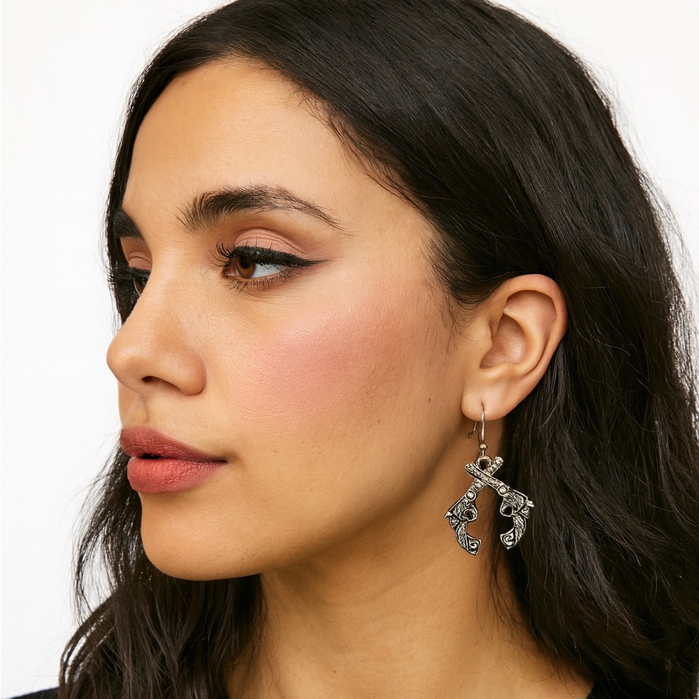 Nena Western Revolver Gun Dangle Earrings Silver Tone Cowgirl Boho NWT